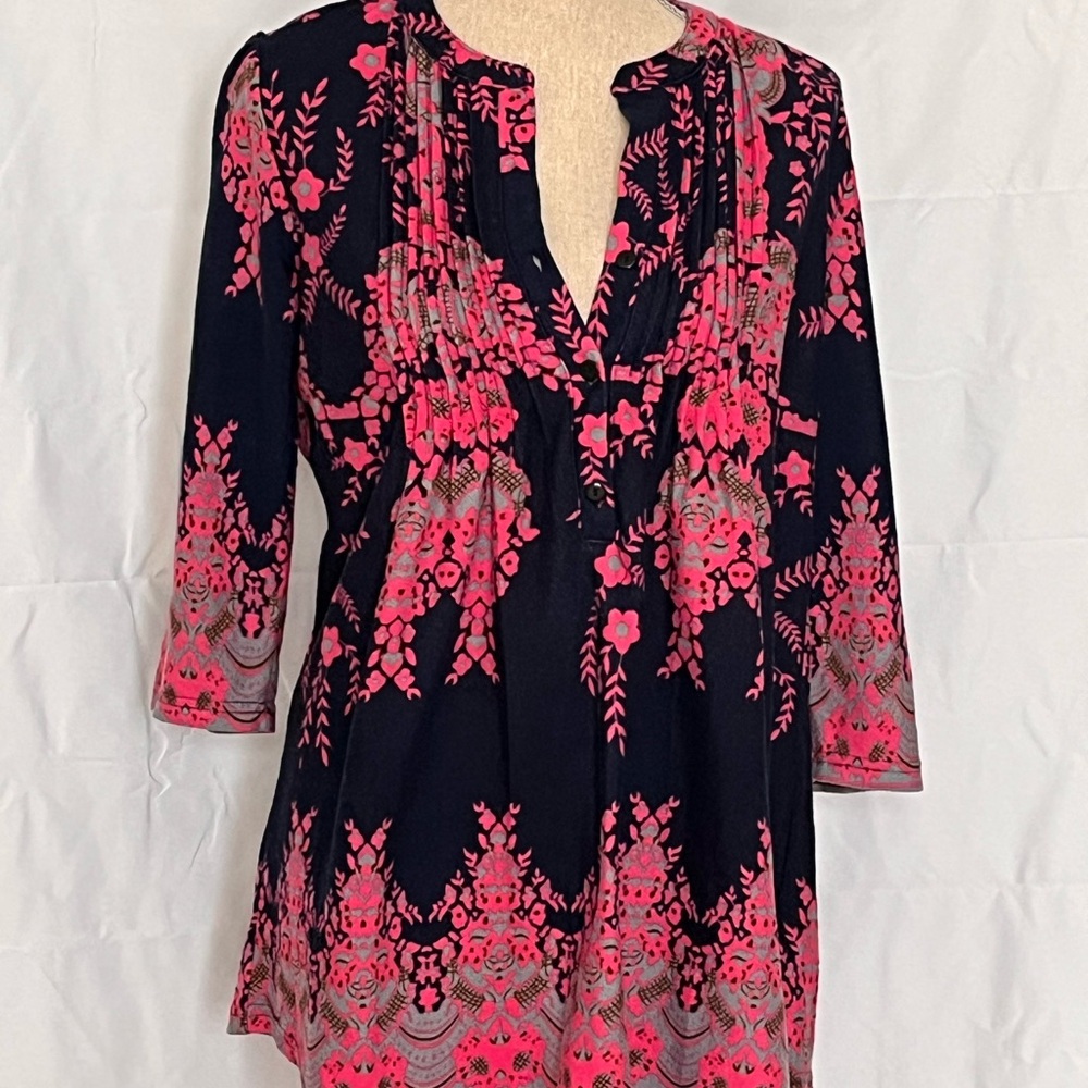 BEAUTIFUL Floral Pink & Navy V neck Sweater Tunic Top 3/4 sleeve button front L